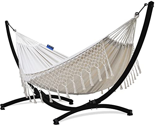 Potenza Outdoor Hängematte mit Gestell für 2 Personen I Baumwolle Doppelhängematte XXL 220x160, 200kg I Hängemattengestell 220kg, wetterfest (Santia-Ecru, Gestell Schwarz)