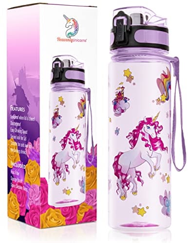 Kids Unicorn Water Bottle, 500ml BPA Free Tritan Water Bottle, Childrens School Bottle, Work Bottle, Travel Bottle, Camping Bottle, LEAKPROOF, SHATTERPROOF Lilac Reusable Drinks Bottle
