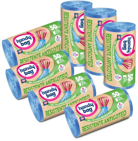Handy Bag Bolsas de Basura Resistente Antigoteo, 100% Reciclado, Autocierre, 50L, 70 Bolsas, 7 Paquetes