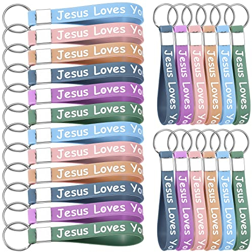 24 Stück Jesus Loves You Silikon-Schlüsselanhänger, christliche Bibel, Schlüsselanhänger, christliches Zitat, religiöser christlicher Schlüsselanhänger für Kirche, mehrfarbig, Medium