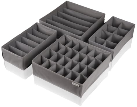 Qoolish Underwear Drawer Organiser Grey - Pack of 4 - Perfect Clothes storage organiser for Ties, Socks, Bras, Cosmetics, and underwear storage - Sturdy Drawer organiser to sort your bedroom