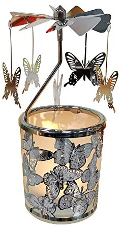Kingnero Schmetterling Windlicht Karussell, Glas teelichthalter karussell, Drehbar Kerzenhalter windmühle Kerze Familie und Freunde (Silberner Schmetterling)