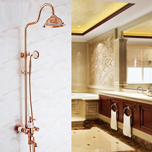 Set Doccia In Stile Europeo Pieno Di Rame Oro Rubinetto Doccia Bagno Oro Rosa Acqua Calda E Fredda Doccia A Pioggia Sollevamento, Oro Rosa
