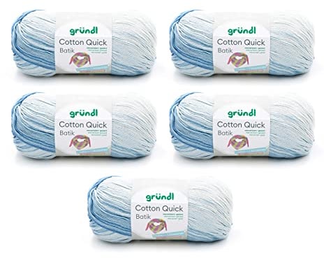 Gründl Wolle Cotton Quick Batik - dünne Wolle zum Häkeln mit Farbverlauf - Strickgarn - Glänzend und hautfreundlich - 100% Baumwolle - 5 Knäuel 100 g / 260 m - Nadelstärke 3-4 - Hellblau-Blau