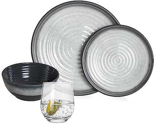 Vaisselle de camping en mélamine pour 4 personnes Gris pierre + 4 verres à eau Tiamo