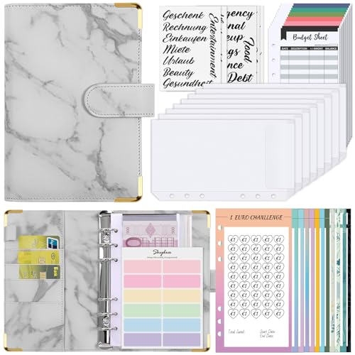SKYDUE Budget Planner Deutsch, Spar Challenge Für Budget Planer,A6 PU Budget Für Beginner Mit Geld Organizer, Haushaltsbuch Mit Geldfächer, Bugetplaner Deutsch Startset(MarmorGrau)