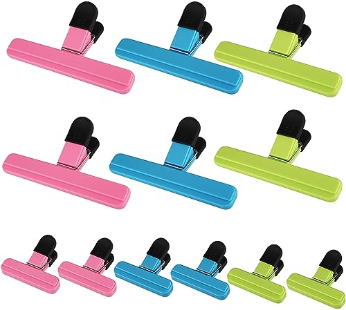 Kuhajancood Food Storage Clips, 12PCS BPA Free Plastic, Large & Small Sizes, Rose Red, Light Green, Blue, ABS Plastic & Rubber, Ideal for Home, Kitchen, Office, Travel, Camping