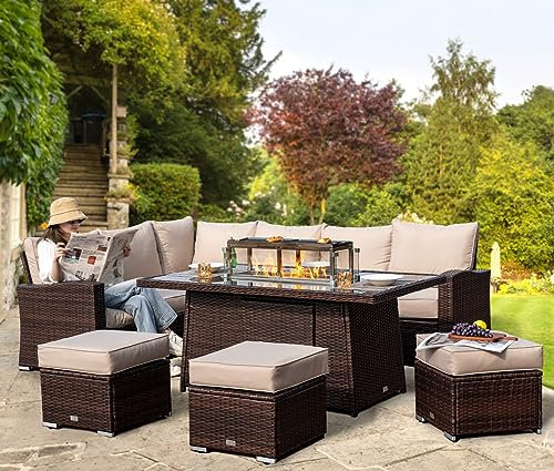 Rattan Garden Furniture with Fire Pit Table - Premium Series - 9 Seater Outdoor Furniture Rattan Corner Sofa Corner Garden Patio Sets - FREE RAIN COVER (Dark Brown, Left Hand - Firepit Table)