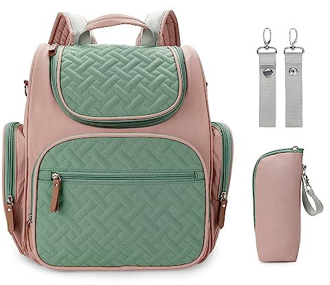 MOMIGO Baby-Wickelrucksack – große Kapazität Windeltasche mit Kinderwagengurten und Isoliertaschen, Pink/Grün, Classic