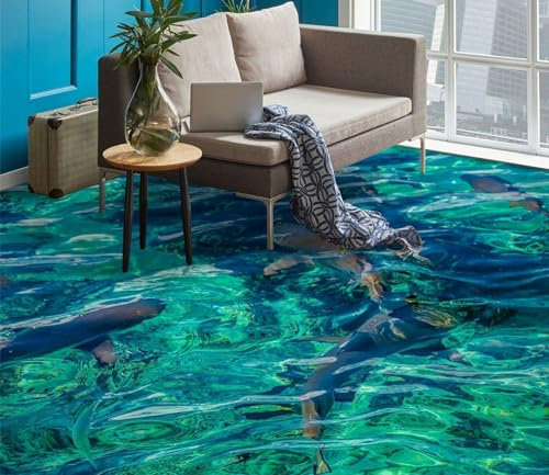 Custom Self-Adhesive Floor Sticker 3D Sea Fish Floor Wallpaper Murals,150 * 105cm Bathroom self-Adhesive Vinyl 3D Flooring Wallpaper Print Epoxy
