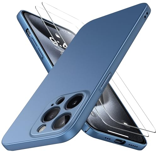 Natiiozie Ultra Dünn Handyhülle Kompatibel mit iPhone 15 Pro Hülle PP Case mit 2 Stück Schutzfolie, Slim Leicht Hartschale mit Voll Kameraschutz Kratzfeste Matt Schutzhülle - Blau