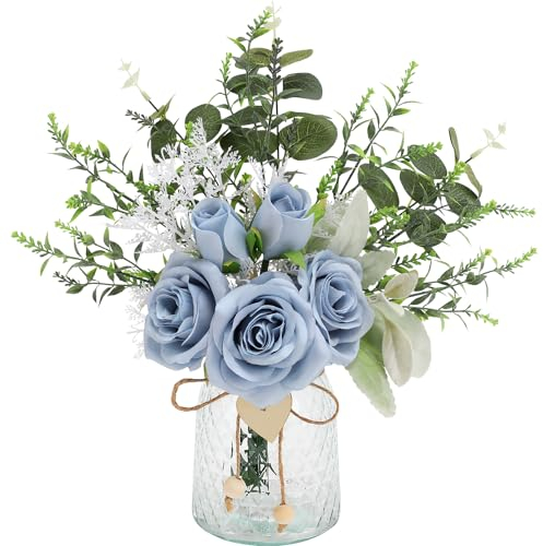 Floralsecret Fiori finti con vaso di rose artificiali blu in vaso pianta di eucalipto finto composizione floreale per centrotavola da tavola, baby shower, decorazioni per casa, cucina, ufficio,