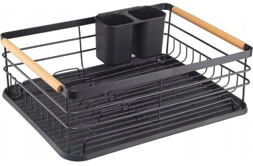 Trautesheim Abtropfgestell Black Pearl Geschirrständer aus Metall und Buche in stilvollem schwarz - 43x30x14 cm - mit Tablett und Abtropfschale