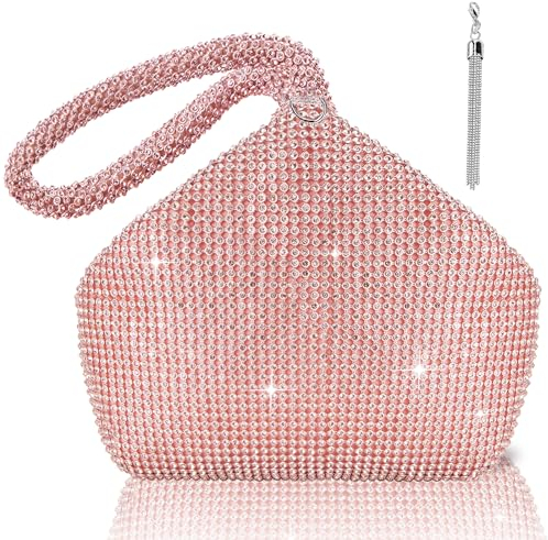 TOPALL Clutch Glitzer Damen,Silber Abendtasche,Handtasche Diamant Tasche Schultertasche Silber mit Reißverschluss, Strasssteine Clutches Brieftaschen Umhängetasche für Party Freizeit Date(C-Rosa)