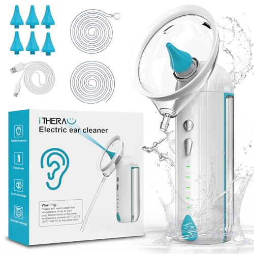 iTHERAU Limpiador de Oidos Cera, Limpia Oidos Electrico con 4 Modos para Adultos Niños, Irrigación del Oído Segura & Eficaz, IPX7 Impermeable, Drenaje Automático, Kit de Limpieza Oidos con 6 Puntas
