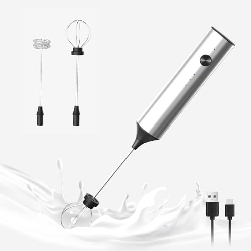 ELMWAY Rechargeable Milk Frother – Handheld Foam Maker with Stainless Steel Body, 3-Speed Control & Long-Press Stop, 2 Replaceable Whisks – Silver Coffee Frother