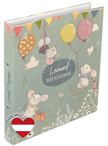FEENSTAUB Personalisierte Zeugnismappe mit Namen und Text, Dokumentenmappe für Zeugnisse, Ordner A4 schmal Kinder, Zeugnisringbuch A4, Zeugnisordner, Geschenk Einschulung, Mappe Mäuse