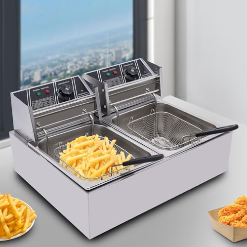 Friteuse professionnelle, 12 litres (2 cuves de 6 litres), thermostat réglable, Acier inoxydable,Plage de température : 60°C-200°C /140°F-392°F,pour un usage domestique ou commercial.
