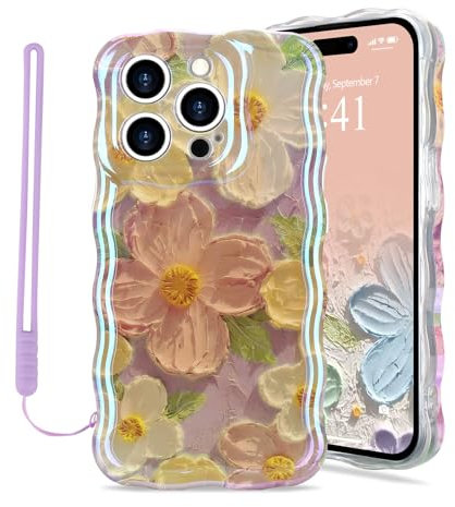 Micoden for iPhone 13 Pro Case Oil Retro Floral Print Curly Wave Silicone Case Aesthetic Fashion Flower Girls Women Phone Case with Strap for iPhone 13 Pro Lilac
