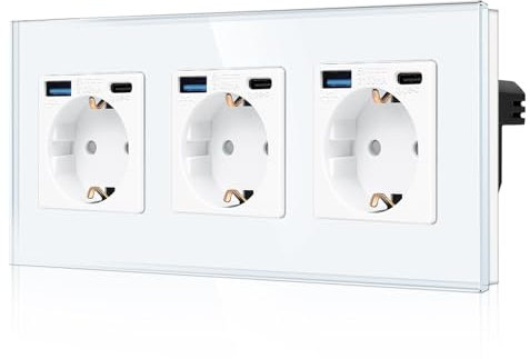 CNBINGO - Toma triple Schuko con 6 puertos USB (carga rápida de 20 W), 3 (tipo C y USB-A), triple toma Schuko de cristal empotrado, con seguridad infantil, color blanco