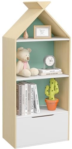 AIYAPLAY Kids Bookshelf, Childrens Bookcase with 3 Shelves, Drawer, Anti-tip Device, Anti-Slip Foot Cover, for Nursery, Kids Room, Playroom, Classroom, Green