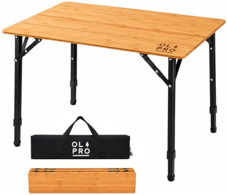 OLPRO Table de camping pliante en bambou (65 cm x 50 cm) - Compacte, pliable avec pieds télescopiques réglables, design léger, et sac de transport pour camping et pique-nique.