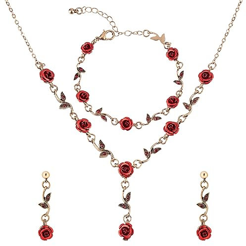 SUPERFINDINGS 3Pcs Red Rose Jewelry Set Vintage Flower Jewelry Dangle Set Rose Blossom Necklace Earrings Bracelet Romantic Wedding Birthday Prom Valentine's Day Jewelry for Woman