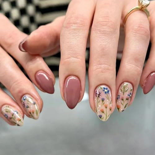 24Pcs Almond False Nails Short, French Tips Press on Nails Nude Pink Artificial Fake Nail Full Cover with Flowers Pattern, Ballerina Acrylic Glue on Nail Natural Stick on Nails for Women Girls