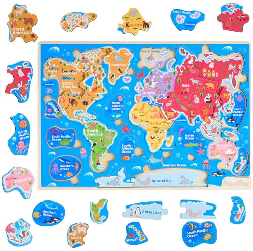 Montessori Mama Weltkarte Holzpuzzle, Kontinente und Ozeane Puzzles für Kinder im Alter von 4-6 Jahren, perfektes Lernspielzeug für 4 Jahre alt, einschließlich globaler Sehenswürdigkeiten, Tiere und