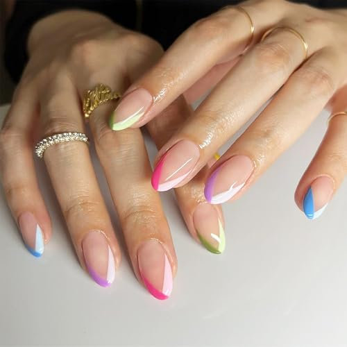 NICENEEDED 24 Pcs French Tips Press on Nails, Colorful Almond Fake Nails, Full Cover Stick on Nails Acrylic Pastel False Nails Glue on Nails for Women Nail Decoration Halloween