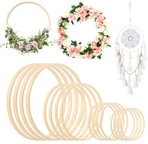 16 Stück Bambus Floral Hoop, Holzringe zum Basteln, 4 Größen Traumfänger Ringe, DIY Traumfänger Holzring, Weihnachten Bambus Ringe, Holz Hoops Set für Hochzeitskranz Wandbehang Deko