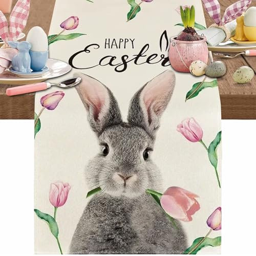 Blume Hase Ostern Tischläufer,Bunt Tischdecke Dekor Waschbar Blumen Tischläufer,Frühling Küche Esstisch Dekoration, Ostern Tischdeko für Drinnen und Draußen Urlaub Party Wohnzimmer Dekor,33 x 230 cm