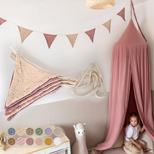 LILIMAUS Wimpelkette Stoff [mit Goldapplikation in 12 Farben] Wimpelkette Kinderzimmer - 100% Baumwolle Handmade Girlande Stoff - Wimpelkette Musselin - Hausbett Deko Mädchen & Jungen für Babyzimmer