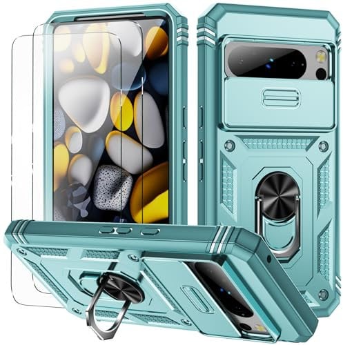 for Pixel 8 Pro Case with Camera Cover Slider, 2*Screen Protectors,Build in 360°Rotating Ring Kickstand, Military Grade Protective Case for Google Pixel 8 Pro-Green