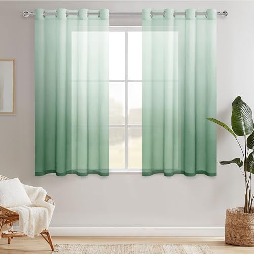 Hiasan Gardinen mit Ösen Vorhänge Farbverlauf Halbtransparent Wohnzimmer | Salbeigrün 140x145cm 2er Set, Ösenvorhang Gardine Vorhang aus Voile Leicht moderne Dekoschal für Schlafzimmer Kinderzimmer