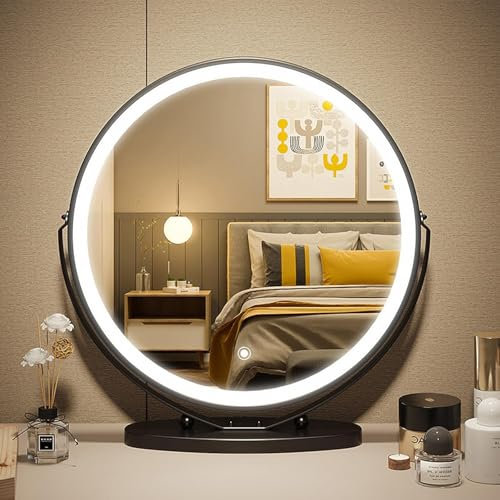Miroir de maquillage rond avec lumière LED, réglable au toucher, 3 couleurs, grand miroir sur pied avec rotation à 360° pour chambre à coucher, salon
