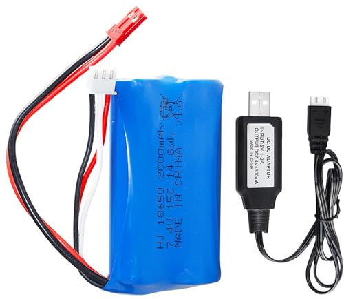 ERYNK 7.4V 2000mAh Wiederaufladbarer Li-Ion Akku mit JST und USB Ladekabel für Doppelseitiges RC Stunt Car Kleines RC Boot Tumbling Amphibienfahrzeug RC Truck RC SUV Hochgeschwindigkeitsfahrzeu