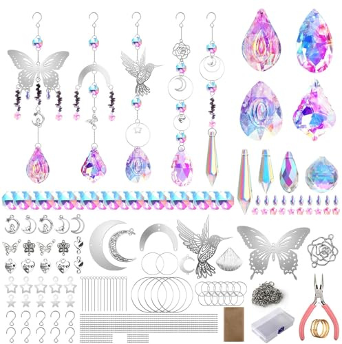 EEEKit 400 Stück Kristall-Sonnenfänger für Fenster, DIY Kristall-Sonnenlichtfänger, Bastelset, hängende Regenbogen-Maker-Prisma mit Kette, Kolibri, Schmetterling, Mond, Start, Rose, Herz-Anhänger