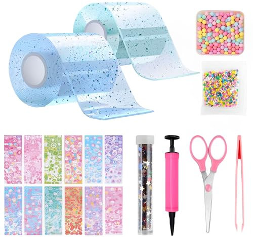 TFSZE 20 Piezas Cintas Nano Tape Set,Nanotape Juegos de Manualidades Regalos para Niños Niñas,Cinta Multifuncional de Nanoburbujas,con Cinta Nano Tape, Perlas, Pegatinas y Accesorios(Azul+Cian)