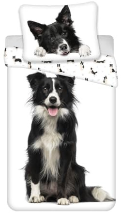 Jerry Fabrics Hunde Bettwäsche Set Border Collie Bettbezug 140 x 200 + Kopfkissen 70 x 90 cm ÖKO-TEX Bettwäsche-Set 100% Baumwolle mit Reißverschluss, reversibel