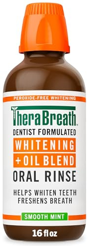 TheraBreath Whitening + Oil Blend Oral Rinse, Alcohol-Free & Peroxide-Free Mouthwash Helps Whiten Teeth & Freshen Breath, Smooth Mint, 16 Fl Oz