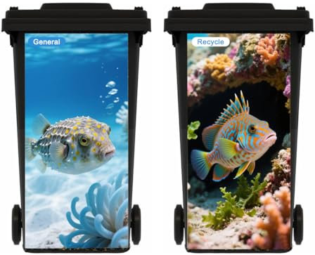 PLOIKM 2 Sheets Fish Wheelie Bin Stickers, Multi-Size Dustbin Stickers, Self Adhesive Bin Decal for Wall, Garden, Indoor and Outdoor Deco