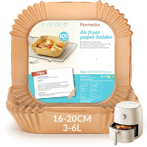 Parmedu Carta forno per friggitrice ad aria 100 unità da 16-20 cm Quadrata. Adatto al Forno, da 3 a 6 litri. Carta Air Fryer certificata per uso alimentare BPA Free