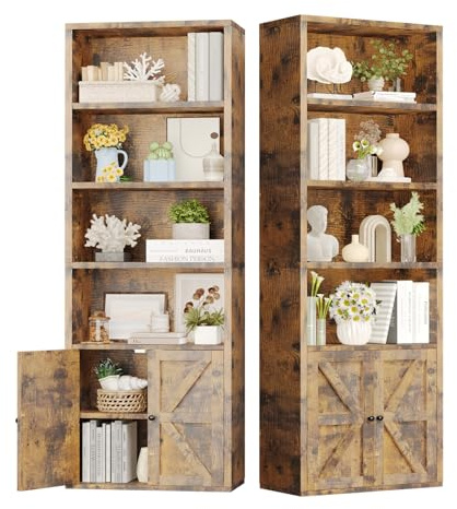 Nordivale Bücherregal mit Türen, Bücherregal Braun aus Holz, Bücherschrank Hoch mit 6 Ebenen, Standregal, für Wohnzimmer, Schlafzimmer, Büro, Arbeitszimmer, 2 Stück