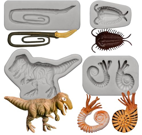 Bexal-Formenset aus fossilem Silikonharz, 4-teiliges Set, grau | Dinosaurier, T-Rex, Trilobit, Ammonit-Designs, für Schokoladenkuchen-Dekoration und Cupcake-Topper