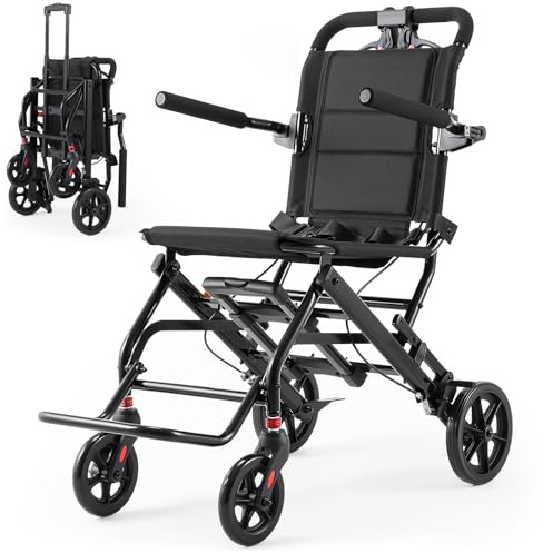 Verpal Ultra Lightweight Transport Wheelchair for Adults, 22lbs Folding Wheel Chair for Seniors with Telescopic Handle, Portable Travel Design, Black