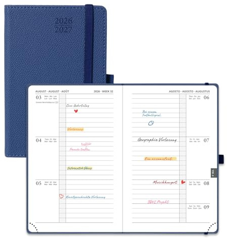 POPRUN Taschenkalender 2026 2027 Klein Wochenplaner ca.A6(15,6 x 10cm) | 17-Monate-Terminplaner,(Aug.2026-Dez.2027),Stabilem Hardcover mit PU-Leder,Wochenplaner 1 Woche 2 Seite(Marineblau)