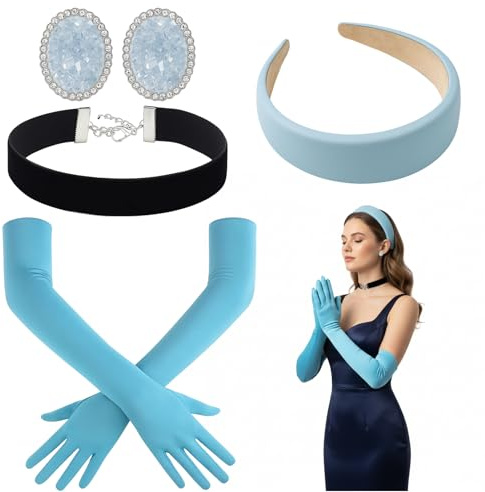 BrKern Cinderella Kostüm Accessoires Set - 4-teiliges Prinzessin Set mit Haarreif, Handschuhen, Ohrringen & Halskette für Cinderella Kostüm Mädchen, cinderella kostüm frauen
