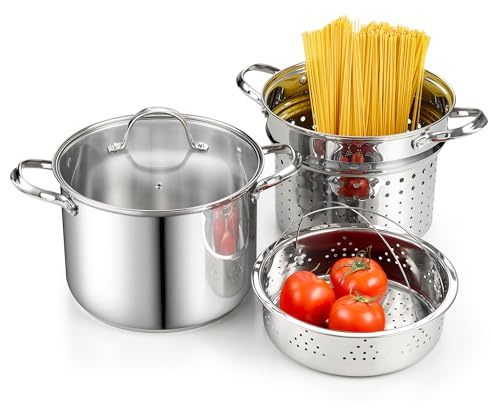 Cooks Standard Pasta Pot with Strainer Basket, 18/10 Stainless Steel 8 Quarts Stock Pot Spaghetti Cooker Tamale Crab Steamer Multipots with Glass Lid, 4-Piece Set