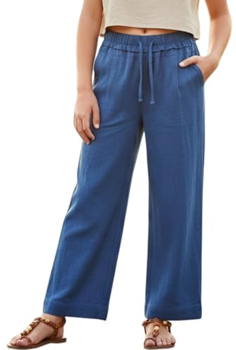Rolanko Girls Linen Trousers, Elastic Waist Wide Leg Palazzo Lounge Beach Flowy Pants with Pockets, Indigo, 170, 14-15 Years